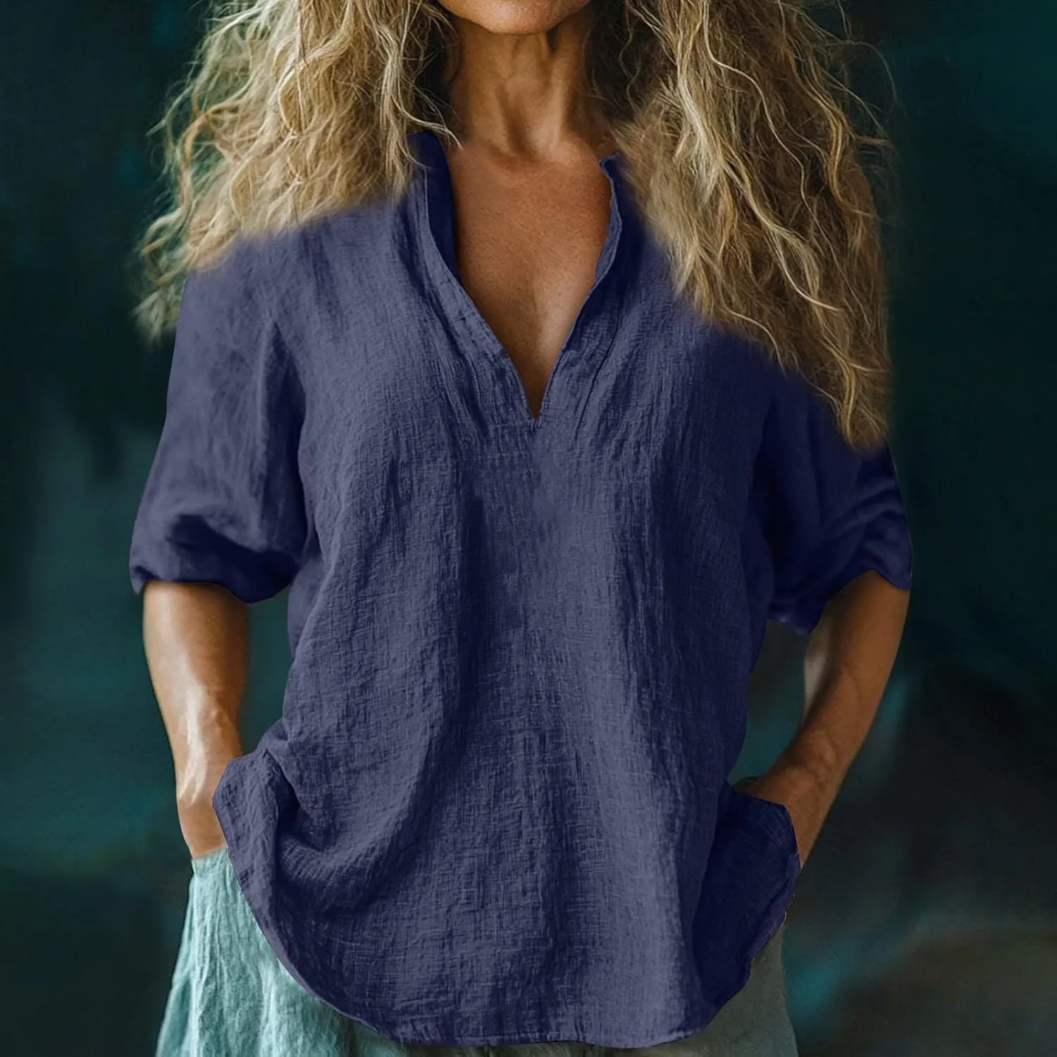 Womens Linen Shirts 3/4 Sleeve V Neck Plain T Shirts Summer Trendy Loose Fit Casual Tops Gauze Boho Blouses