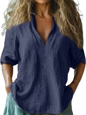 Womens Linen Shirts 3/4 Sleeve V Neck Plain T Shirts Summer Trendy Loose Fit Casual Tops Gauze Boho Blouses