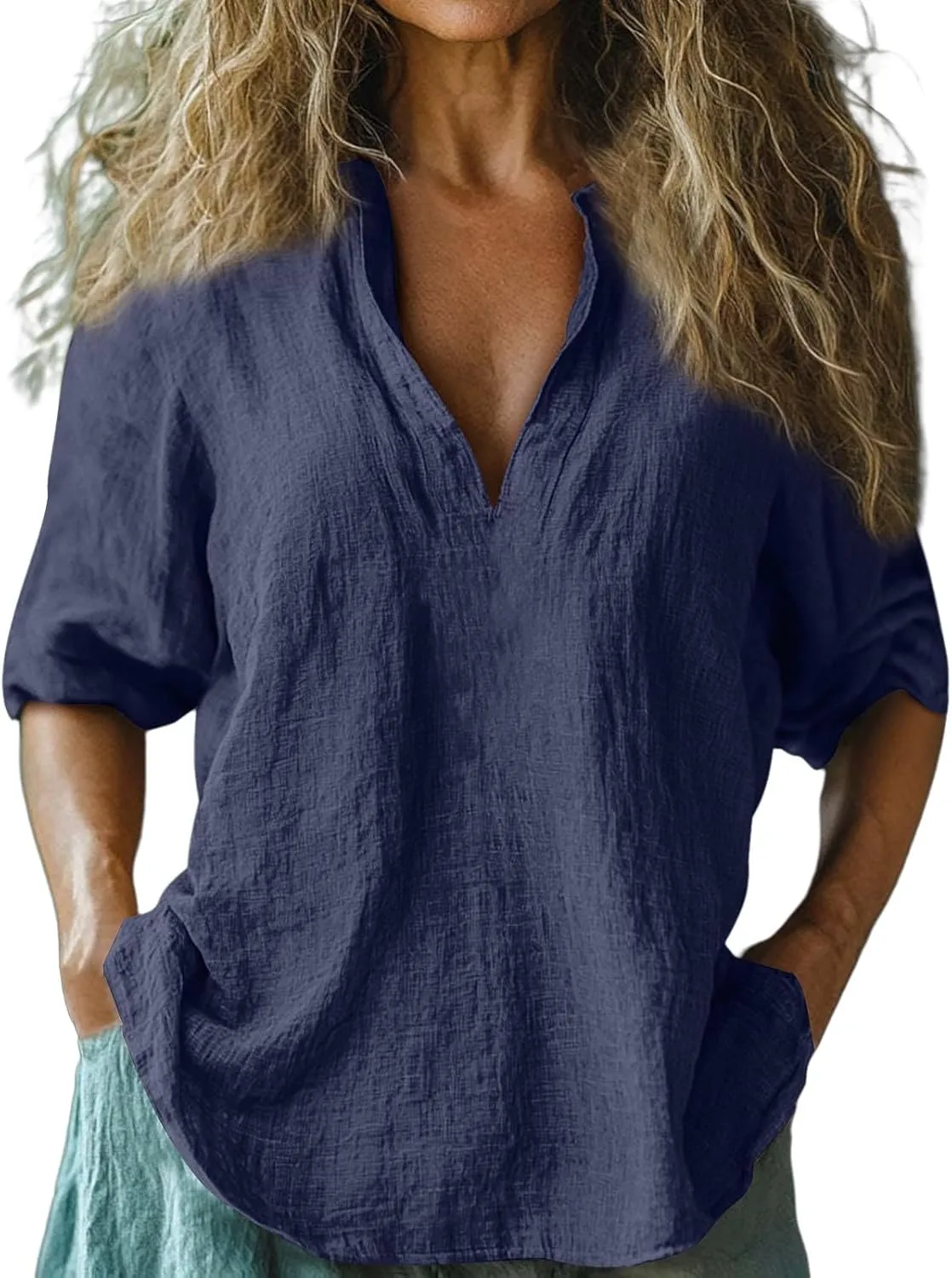 Womens Linen Shirts 3/4 Sleeve V Neck Plain T Shirts Summer Trendy Loose Fit Casual Tops Gauze Boho Blouses