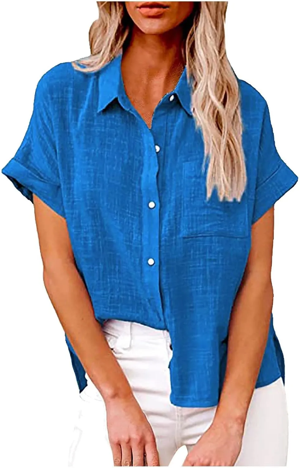 Womens Linen Shirts Summer V Neck Button Down Blouses Casual Short Sleeve Roll up Tops Basic Collared Work Shirts
