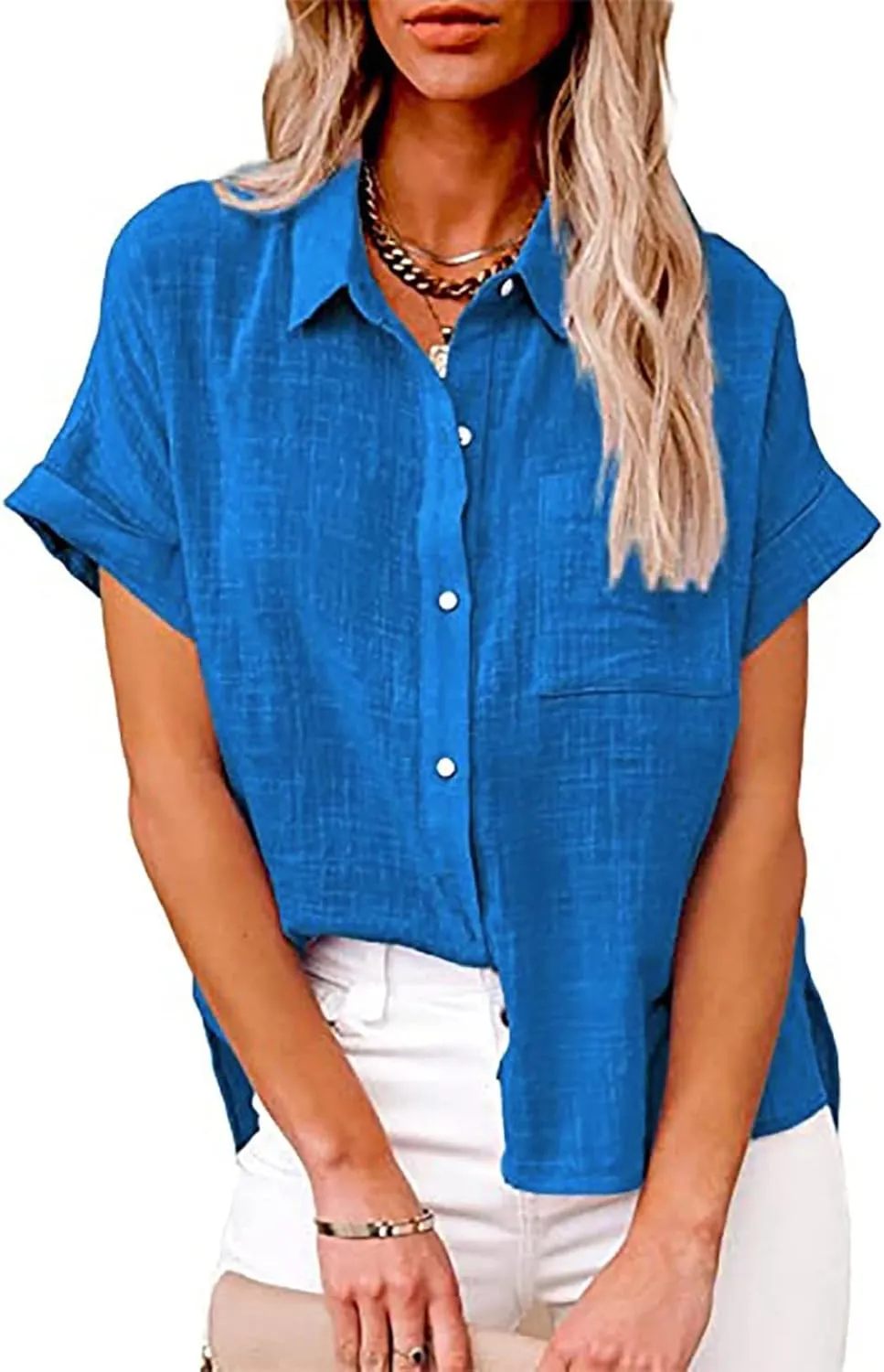 Womens Linen Shirts Summer V Neck Button Down Blouses Casual Short Sleeve Roll up Tops Basic Collared Work Shirts