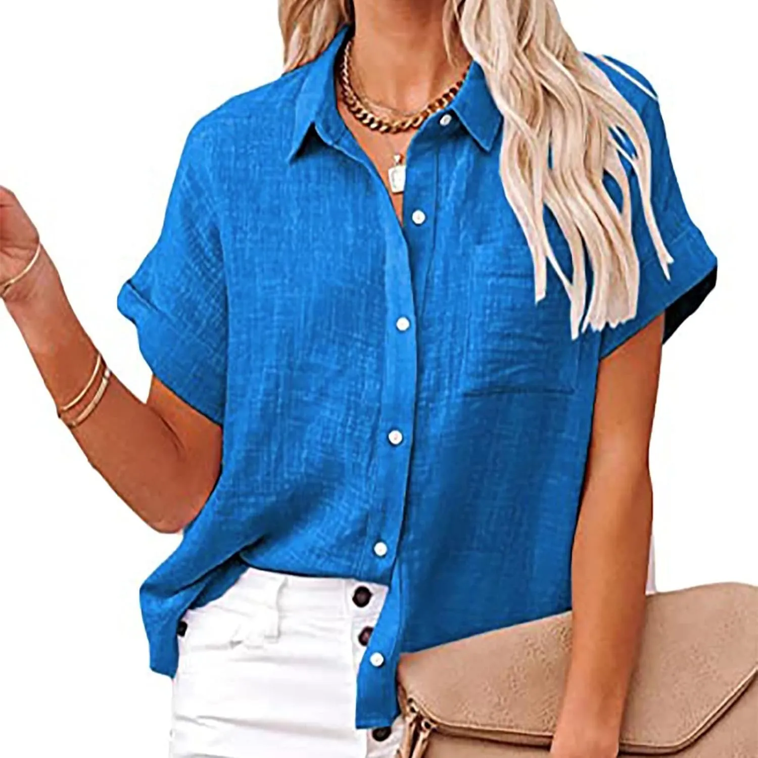 Womens Linen Shirts Summer V Neck Button Down Blouses Casual Short Sleeve Roll up Tops Basic Collared Work Shirts