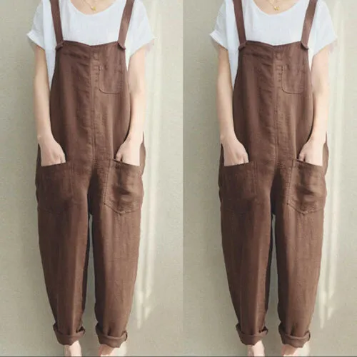 Womens Overalls Loose Romper Oversize Ladies Dungarees Jumpsuit Pockets Tank Pants Plus Size S-4XL