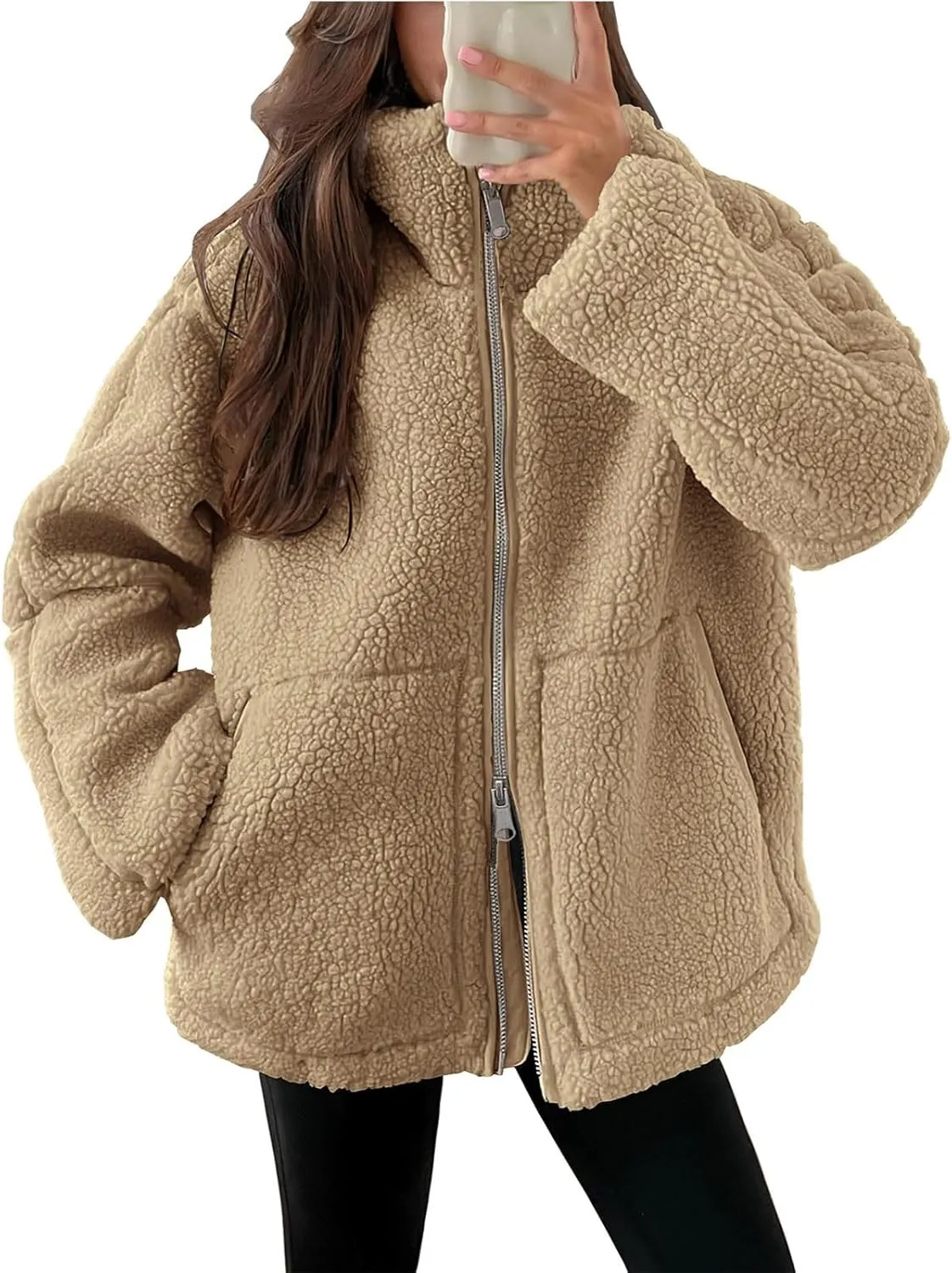 Womens Oversized Fleece Sherpa Lined Jacket Zip Up Long Sleeve Teddy Coat Casual Winter Warm Clothes with Pockets