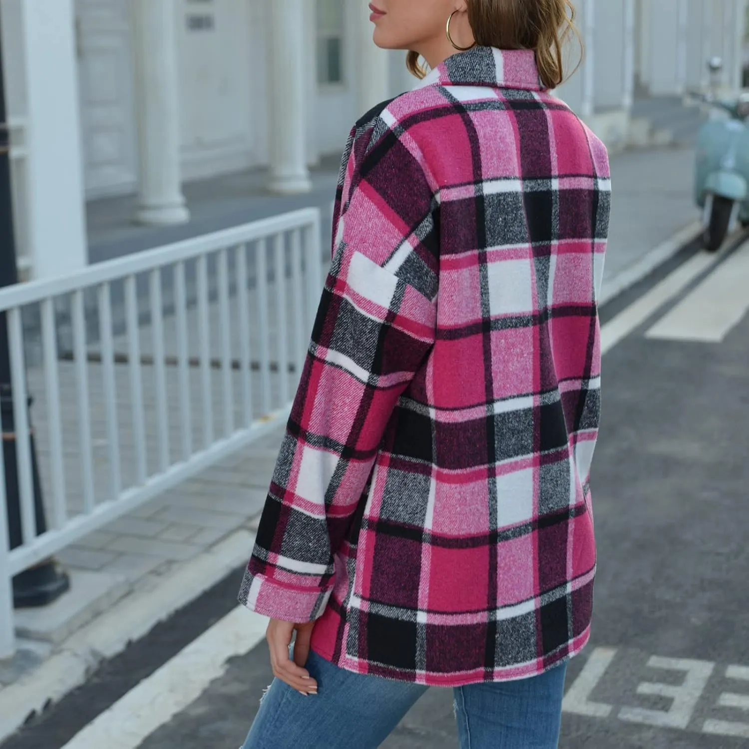 Women's Plaid Flannel Jackets Button Down Tartan Coats Casual Wool Blend Coats Plaid Shackets Brushed Flannel Jackets