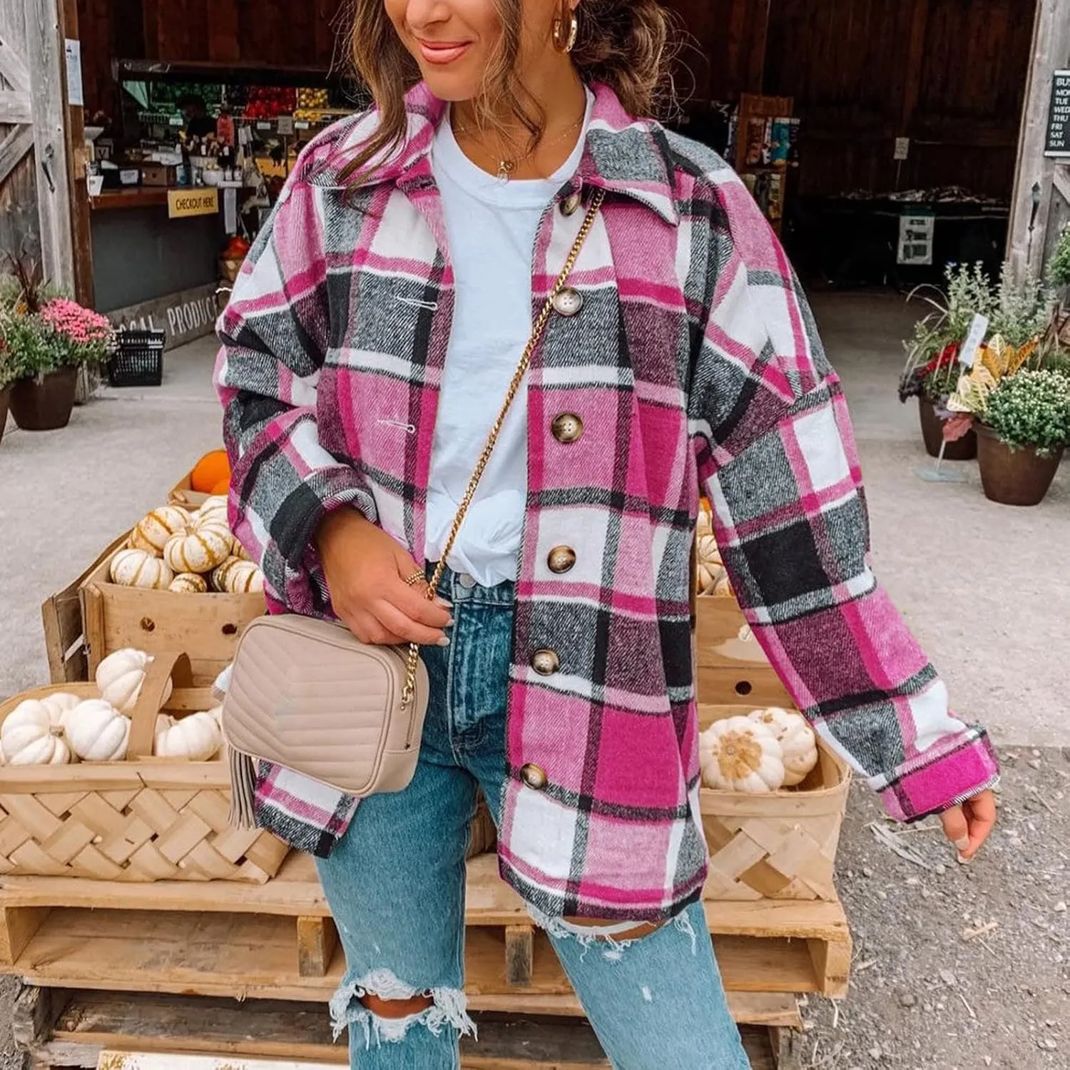 Women's Plaid Flannel Jackets Button Down Tartan Coats Casual Wool Blend Coats Plaid Shackets Brushed Flannel Jackets
