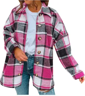 Women's Plaid Flannel Jackets Button Down Tartan Coats Casual Wool Blend Coats Plaid Shackets Brushed Flannel Jackets