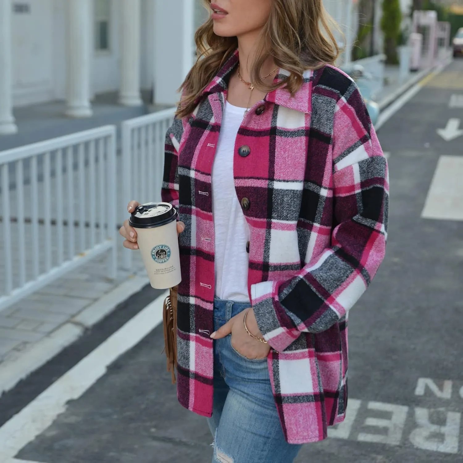 Women's Plaid Flannel Jackets Button Down Tartan Coats Casual Wool Blend Coats Plaid Shackets Brushed Flannel Jackets