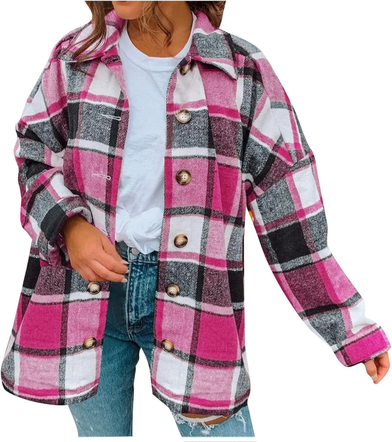 Women's Plaid Flannel Jackets Button Down Tartan Coats Casual Wool Blend Coats Plaid Shackets Brushed Flannel Jackets