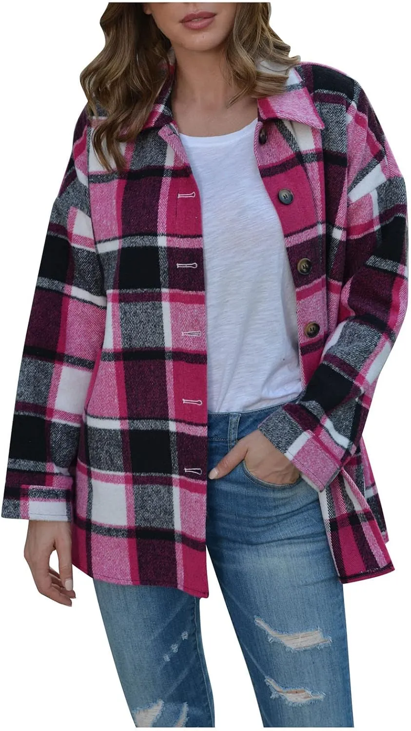 Women's Plaid Flannel Jackets Button Down Tartan Coats Casual Wool Blend Coats Plaid Shackets Brushed Flannel Jackets