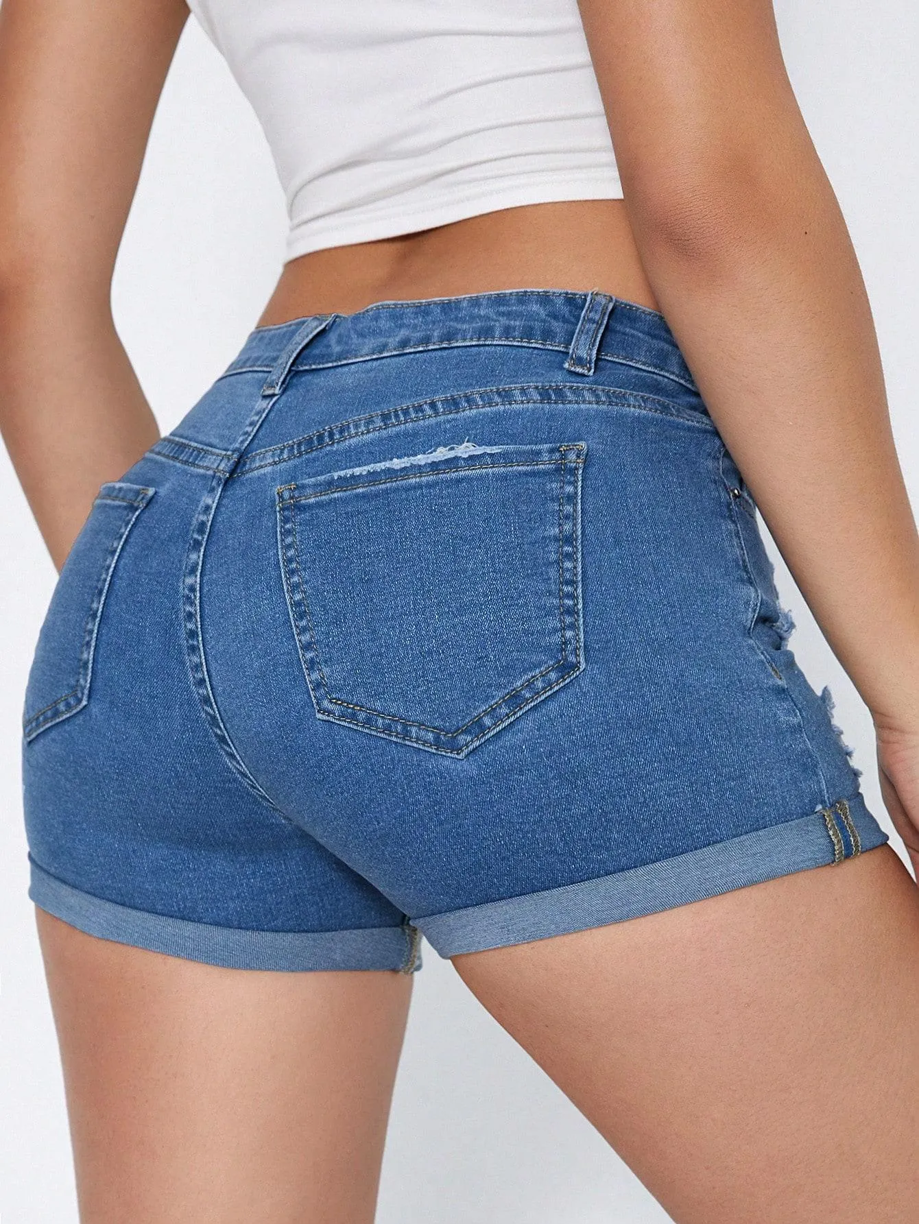 Womens Ripped Roll Up Hem Denim Shorts