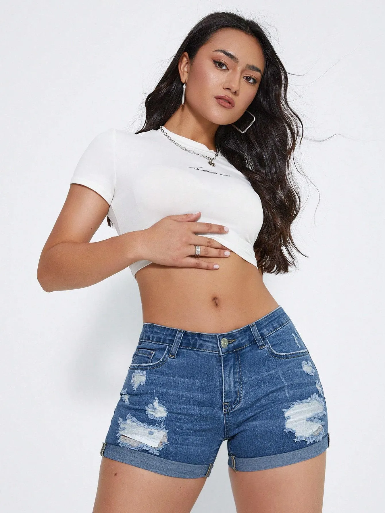 Womens Ripped Roll Up Hem Denim Shorts
