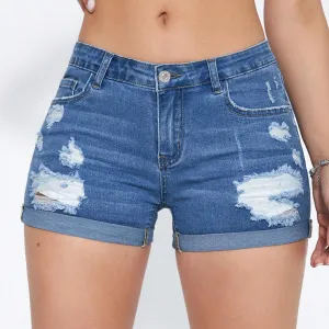 Womens Ripped Roll Up Hem Denim Shorts