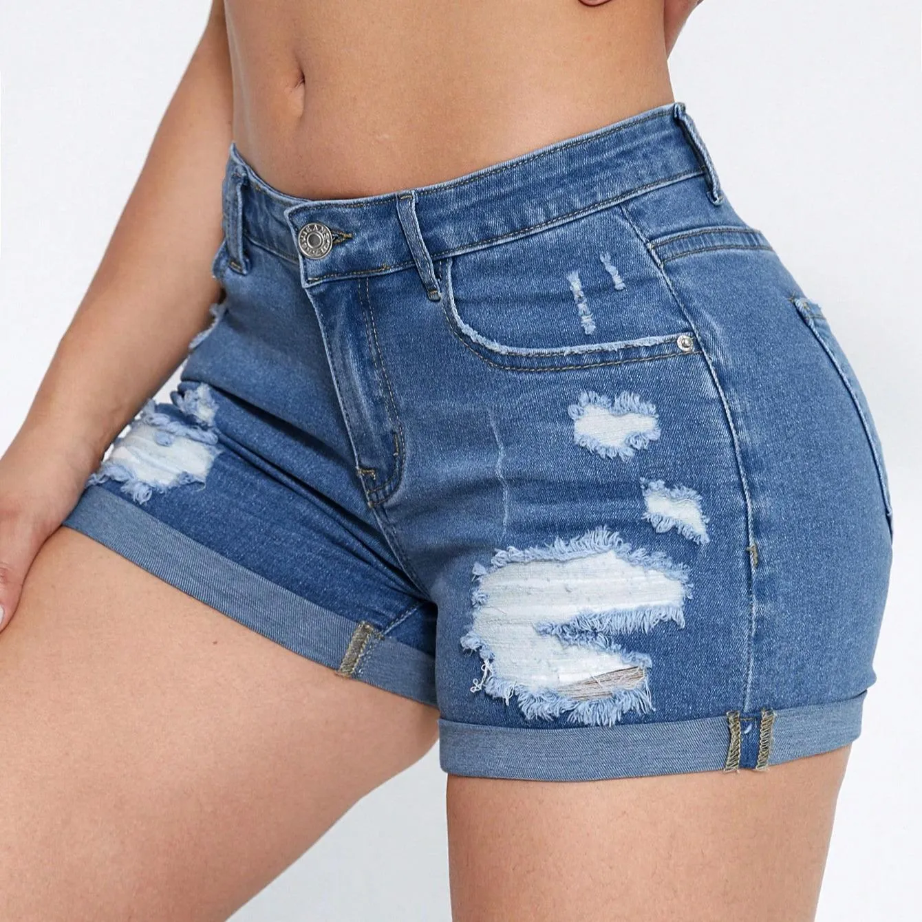 Womens Ripped Roll Up Hem Denim Shorts