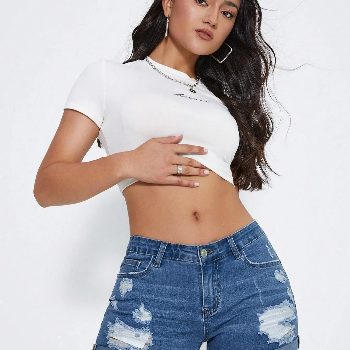 Womens Ripped Roll Up Hem Denim Shorts