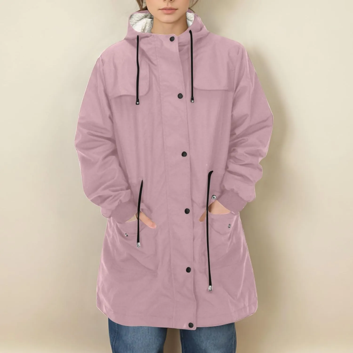 Women's Sherpa Lined Rain Jacket Hooded Waterproof Raincoat Hiking Windbreaker Jackets Casual Outerwear with Pockets
