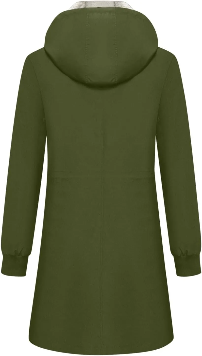 Women's Sherpa Lined Rain Jacket Hooded Waterproof Raincoat Hiking Windbreaker Jackets Casual Outerwear with Pockets
