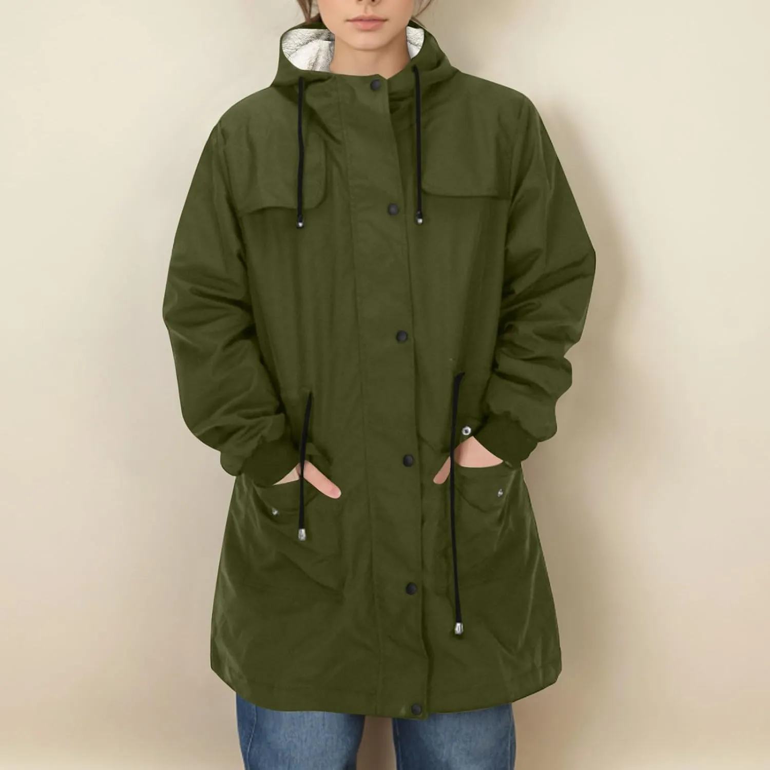 Women's Sherpa Lined Rain Jacket Hooded Waterproof Raincoat Hiking Windbreaker Jackets Casual Outerwear with Pockets
