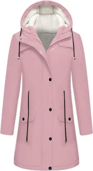 Women's Sherpa Lined Rain Jacket Hooded Waterproof Raincoat Hiking Windbreaker Jackets Casual Outerwear with Pockets