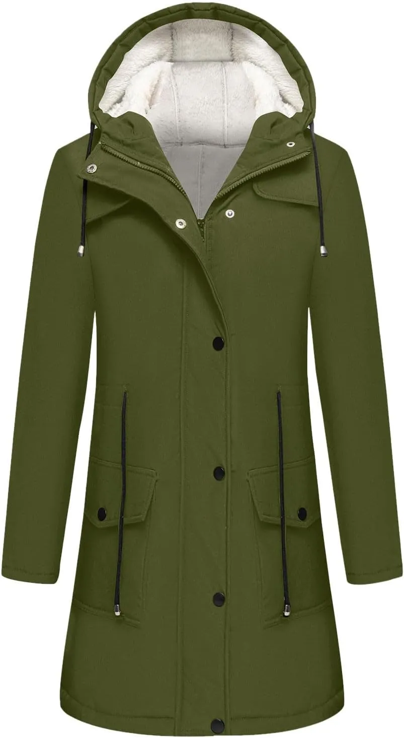 Women's Sherpa Lined Rain Jacket Hooded Waterproof Raincoat Hiking Windbreaker Jackets Casual Outerwear with Pockets