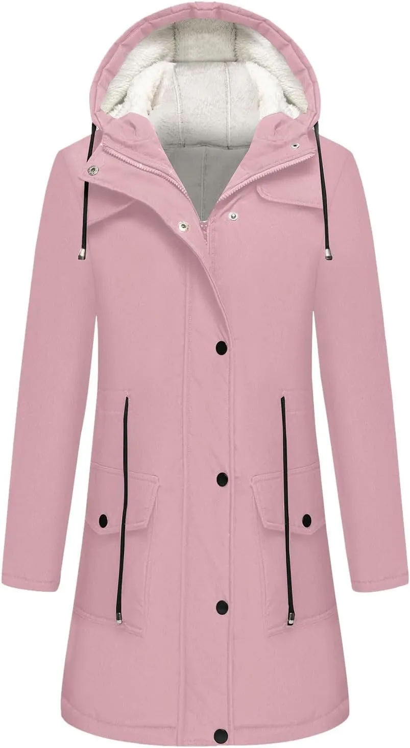 Women's Sherpa Lined Rain Jacket Hooded Waterproof Raincoat Hiking Windbreaker Jackets Casual Outerwear with Pockets