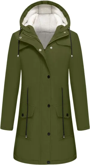 Women's Sherpa Lined Rain Jacket Hooded Waterproof Raincoat Hiking Windbreaker Jackets Casual Outerwear with Pockets