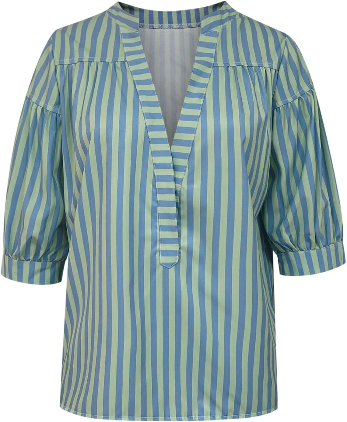 Womens Short Puff Sleeve Striped Blouses Top V Neck Casual Summer Fashion Trendy Striped Shirts Loose Tunic