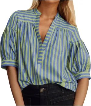 Womens Short Puff Sleeve Striped Blouses Top V Neck Casual Summer Fashion Trendy Striped Shirts Loose Tunic