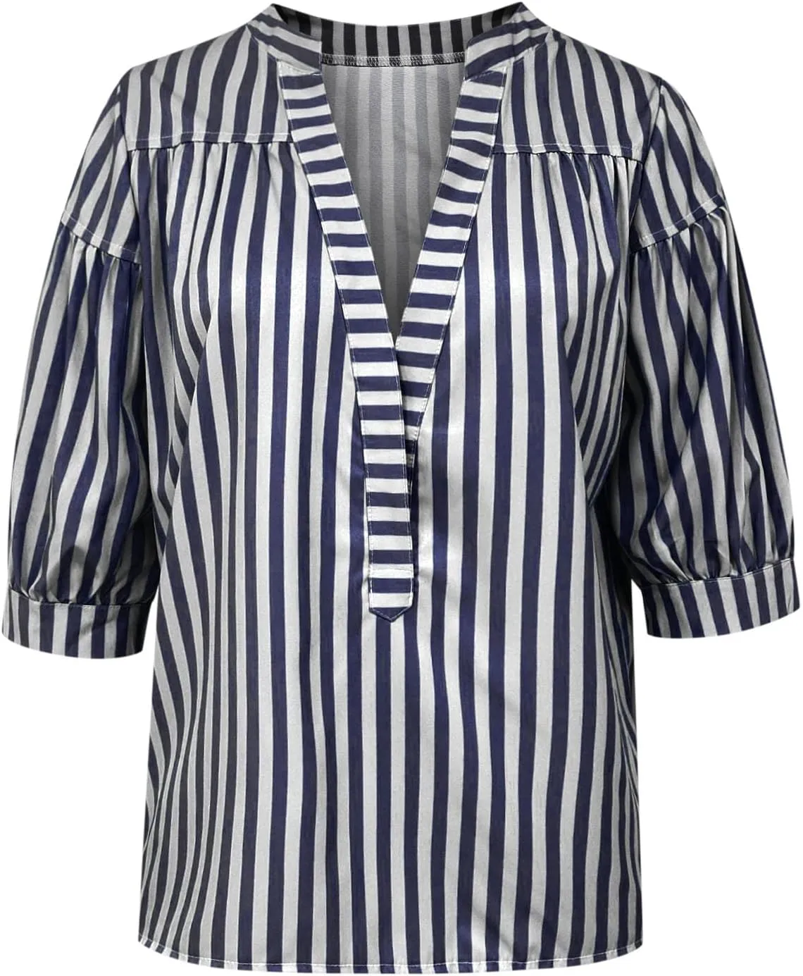 Womens Short Puff Sleeve Striped Blouses Top V Neck Casual Summer Fashion Trendy Striped Shirts Loose Tunic