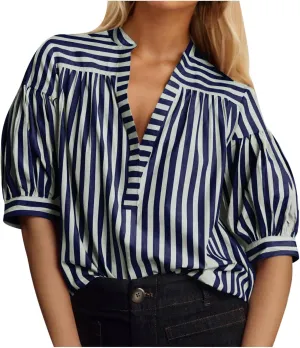 Womens Short Puff Sleeve Striped Blouses Top V Neck Casual Summer Fashion Trendy Striped Shirts Loose Tunic