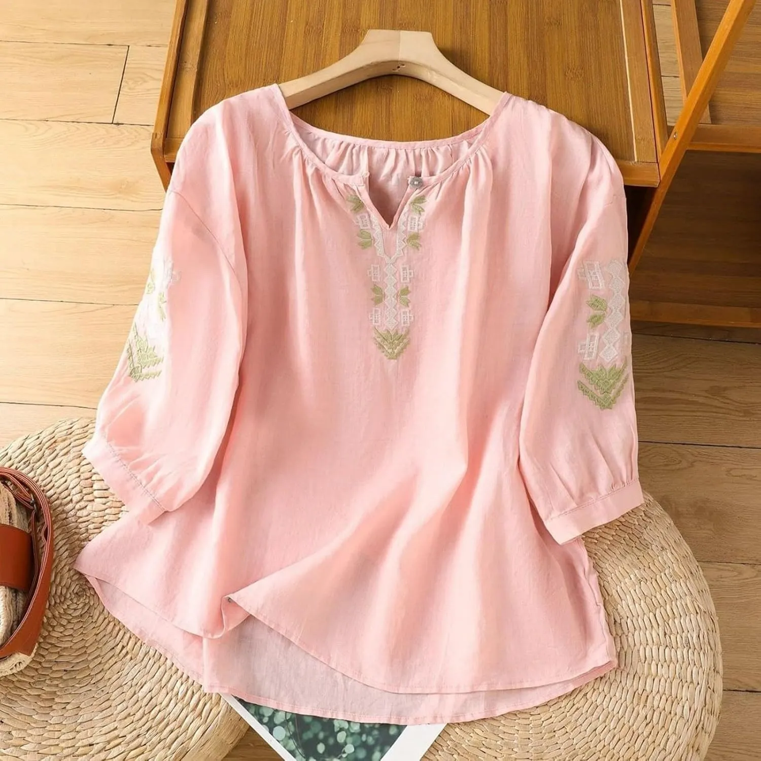 Women's Short Sleeve Cotton Linen Shirts Casual Crew Neck Henley T Shirts Boho Loose Summer Tops