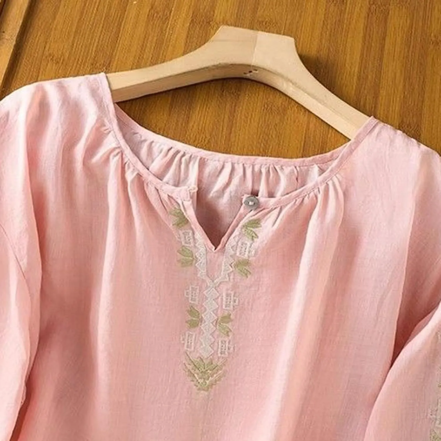 Women's Short Sleeve Cotton Linen Shirts Casual Crew Neck Henley T Shirts Boho Loose Summer Tops