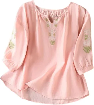 Women's Short Sleeve Cotton Linen Shirts Casual Crew Neck Henley T Shirts Boho Loose Summer Tops
