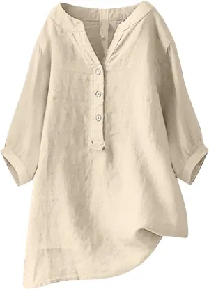 Womens Short Sleeve Cotton Linen Shirts Medium Sleeve Collar Casual Women's Shirt Women's Shirt Womens Tops Casual