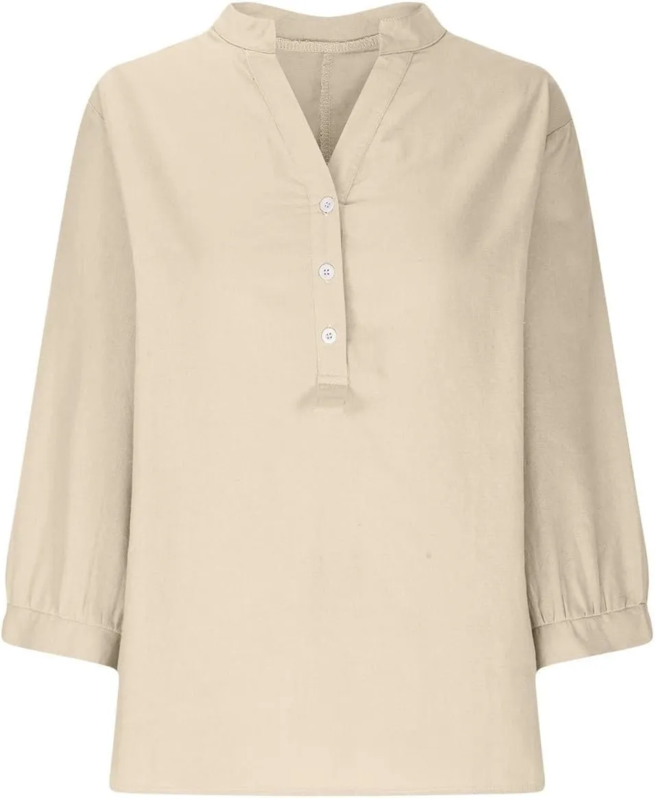 Womens Short Sleeve Cotton Linen Shirts Medium Sleeve Collar Casual Women's Shirt Women's Shirt Womens Tops Casual