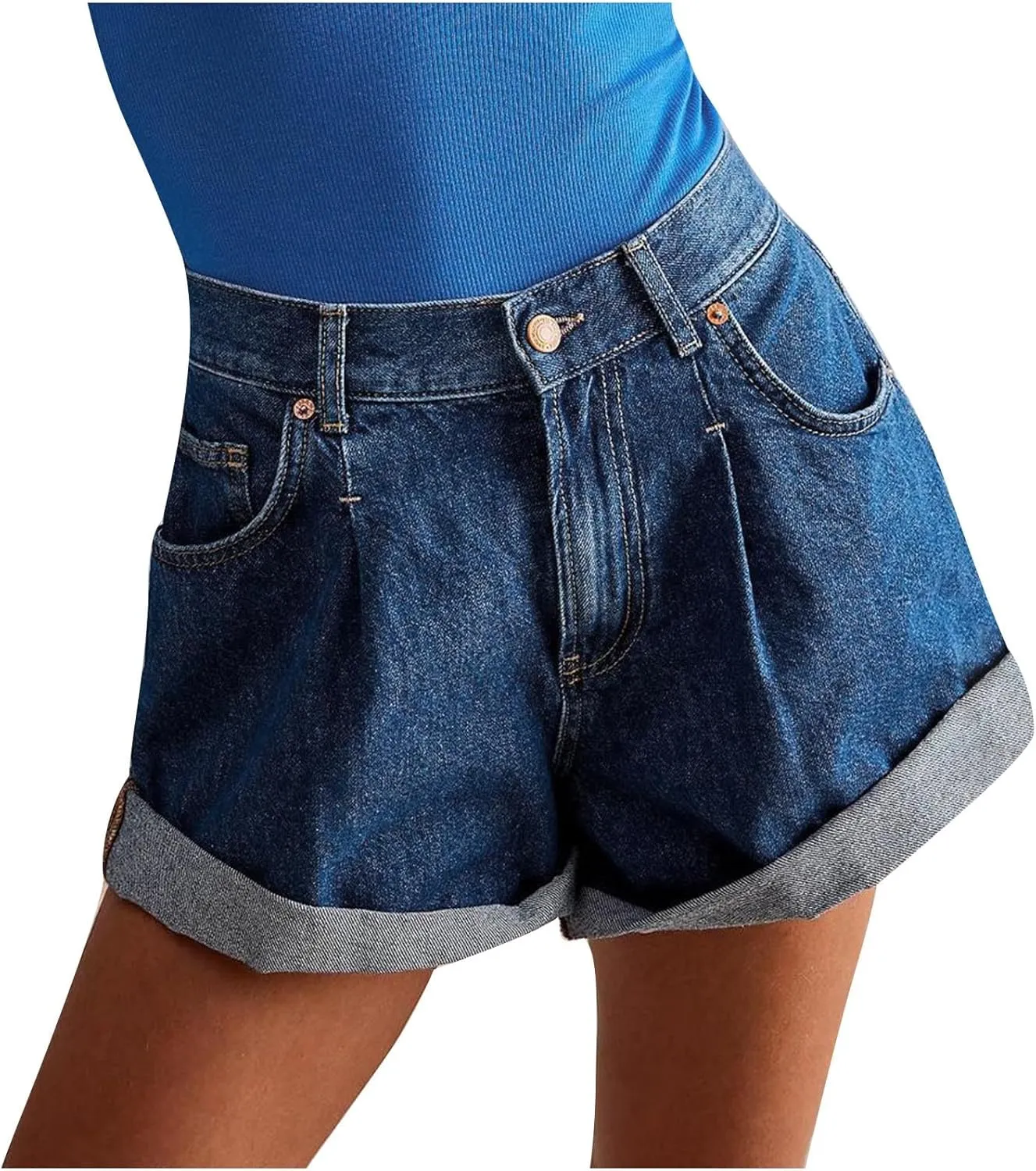 Womens Stretchy High Waisted Summer Beach Casual Trendy Rolled Hem Loose Fit Hot Short Jeans with Pockets