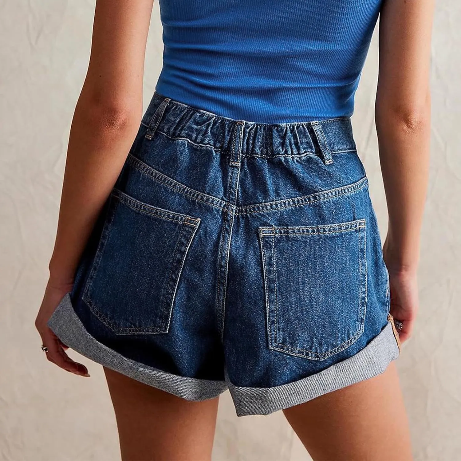 Womens Stretchy High Waisted Summer Beach Casual Trendy Rolled Hem Loose Fit Hot Short Jeans with Pockets