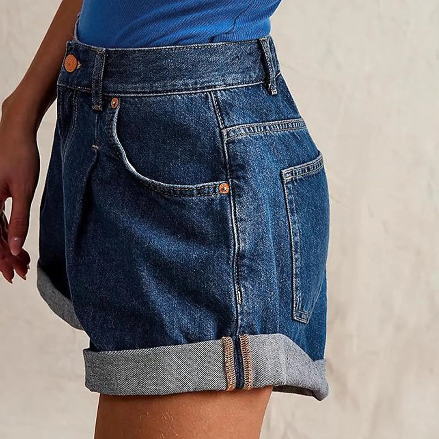 Womens Stretchy High Waisted Summer Beach Casual Trendy Rolled Hem Loose Fit Hot Short Jeans with Pockets