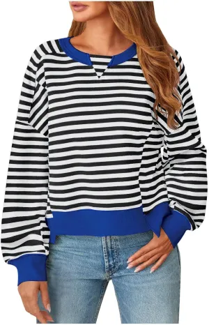 Women's Striped Color Block Cropped Sweatshirts Oversized Crewneck Long Sleeve Sweater Y2K Shirt Tops