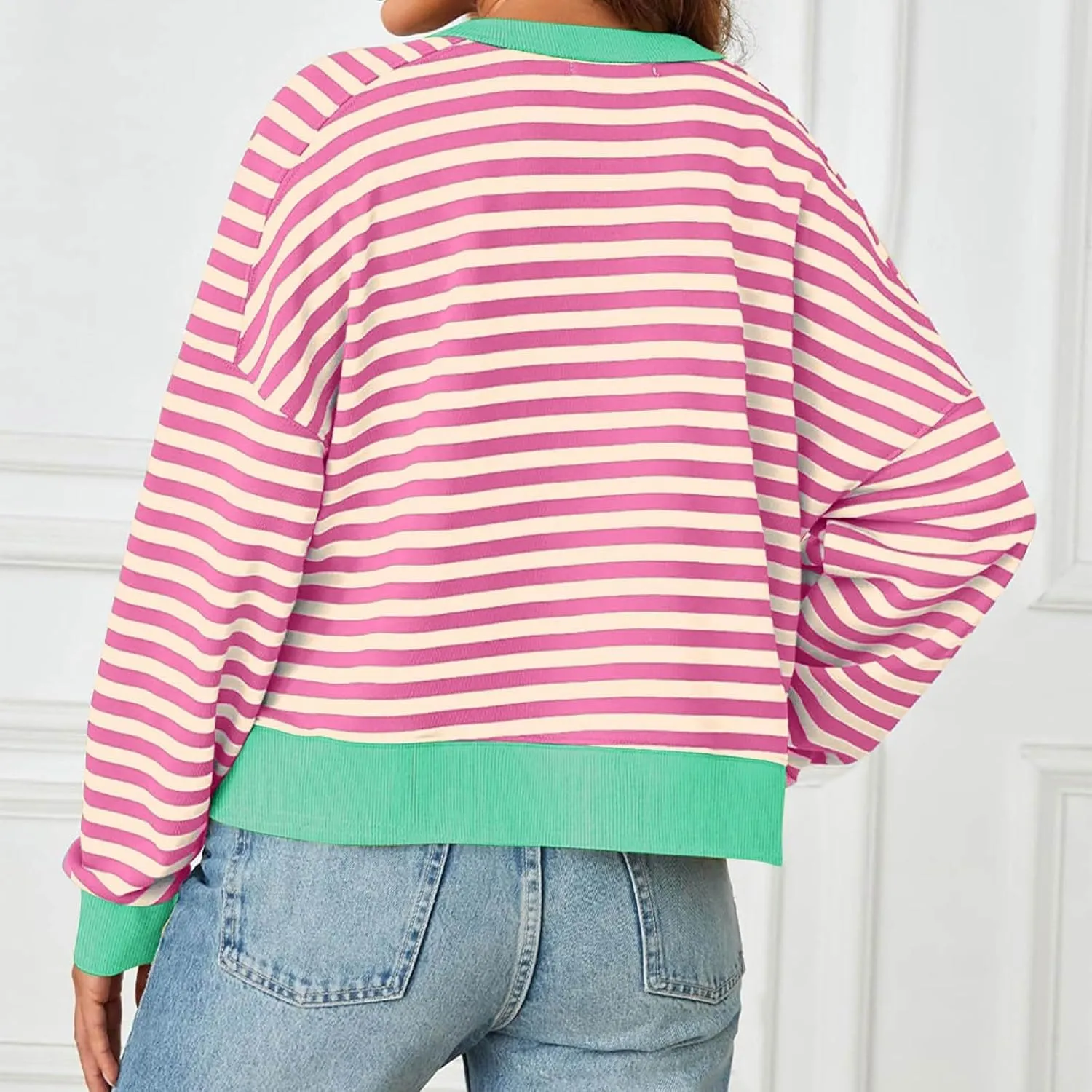 Women's Striped Color Block Cropped Sweatshirts Oversized Crewneck Long Sleeve Sweater Y2K Shirt Tops