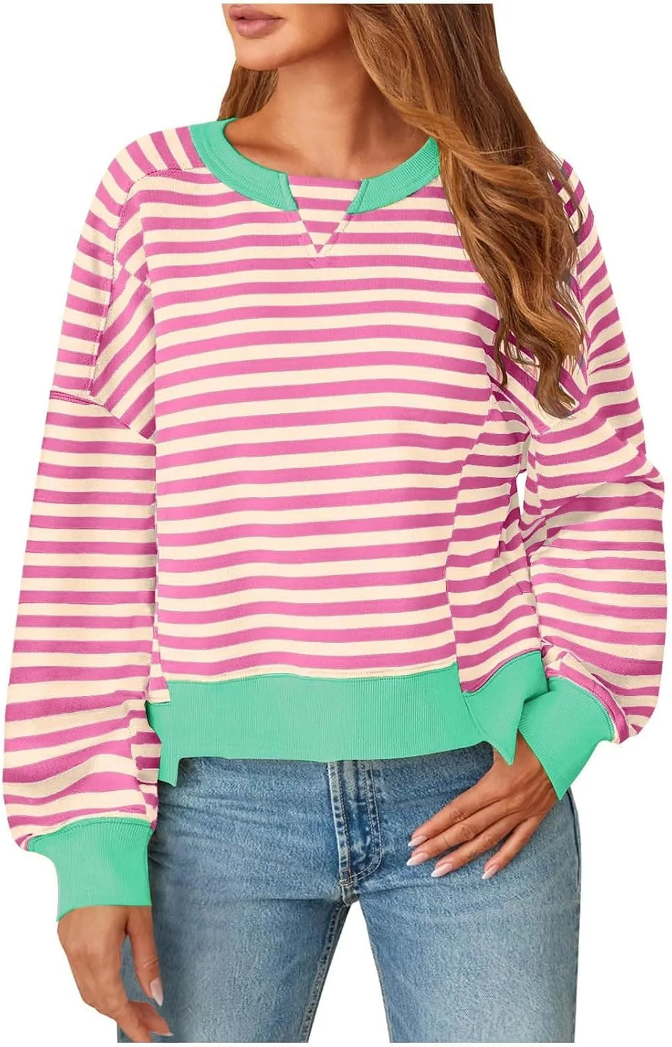 Women's Striped Color Block Cropped Sweatshirts Oversized Crewneck Long Sleeve Sweater Y2K Shirt Tops