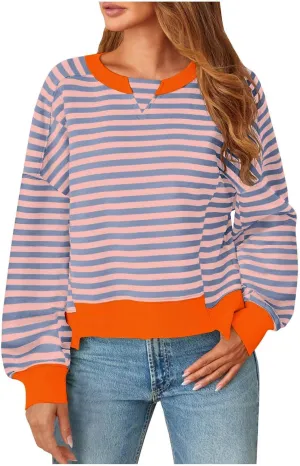 Women's Striped Color Block Cropped Sweatshirts Oversized Crewneck Long Sleeve Sweater Y2K Shirt Tops