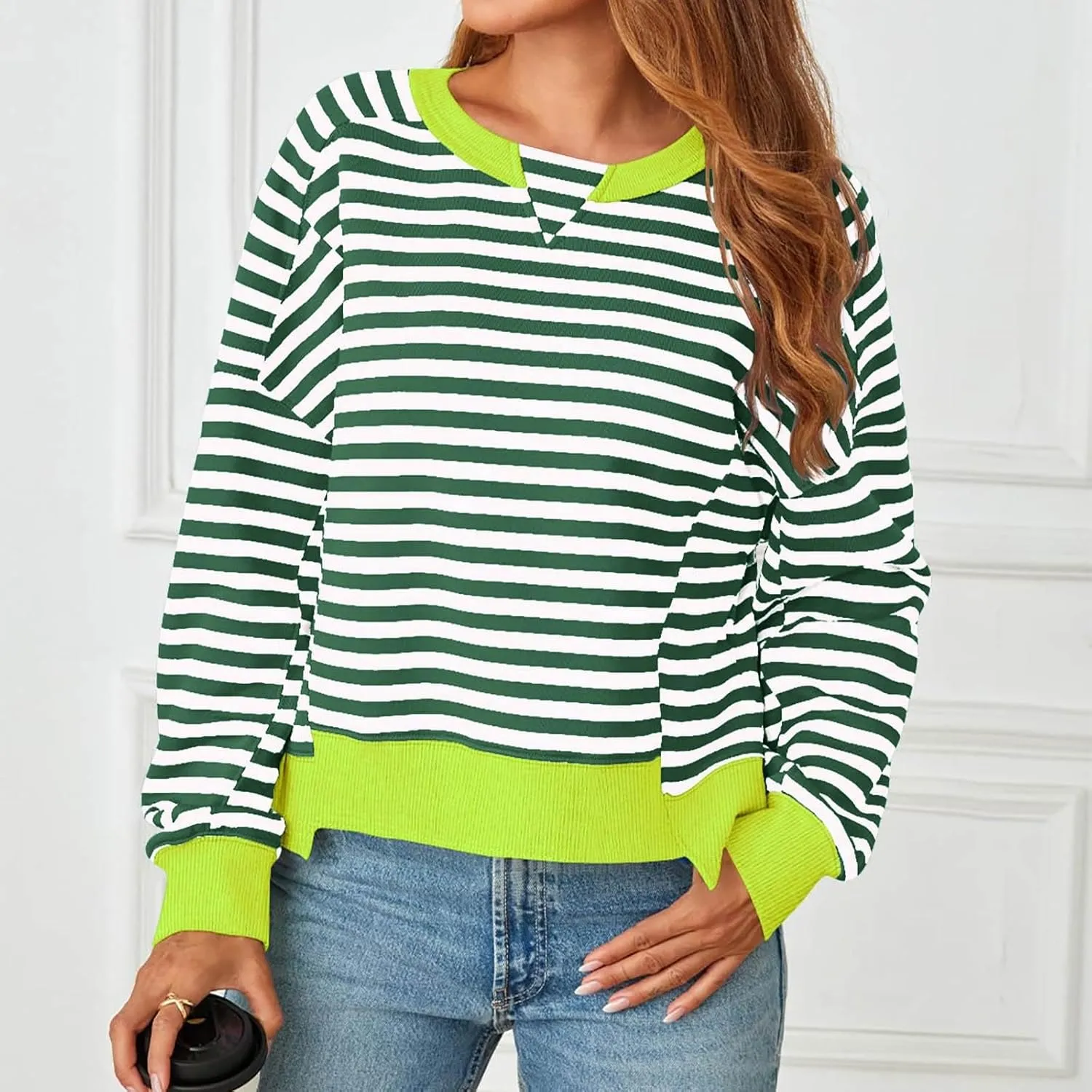 Women's Striped Color Block Cropped Sweatshirts Oversized Crewneck Long Sleeve Sweater Y2K Shirt Tops