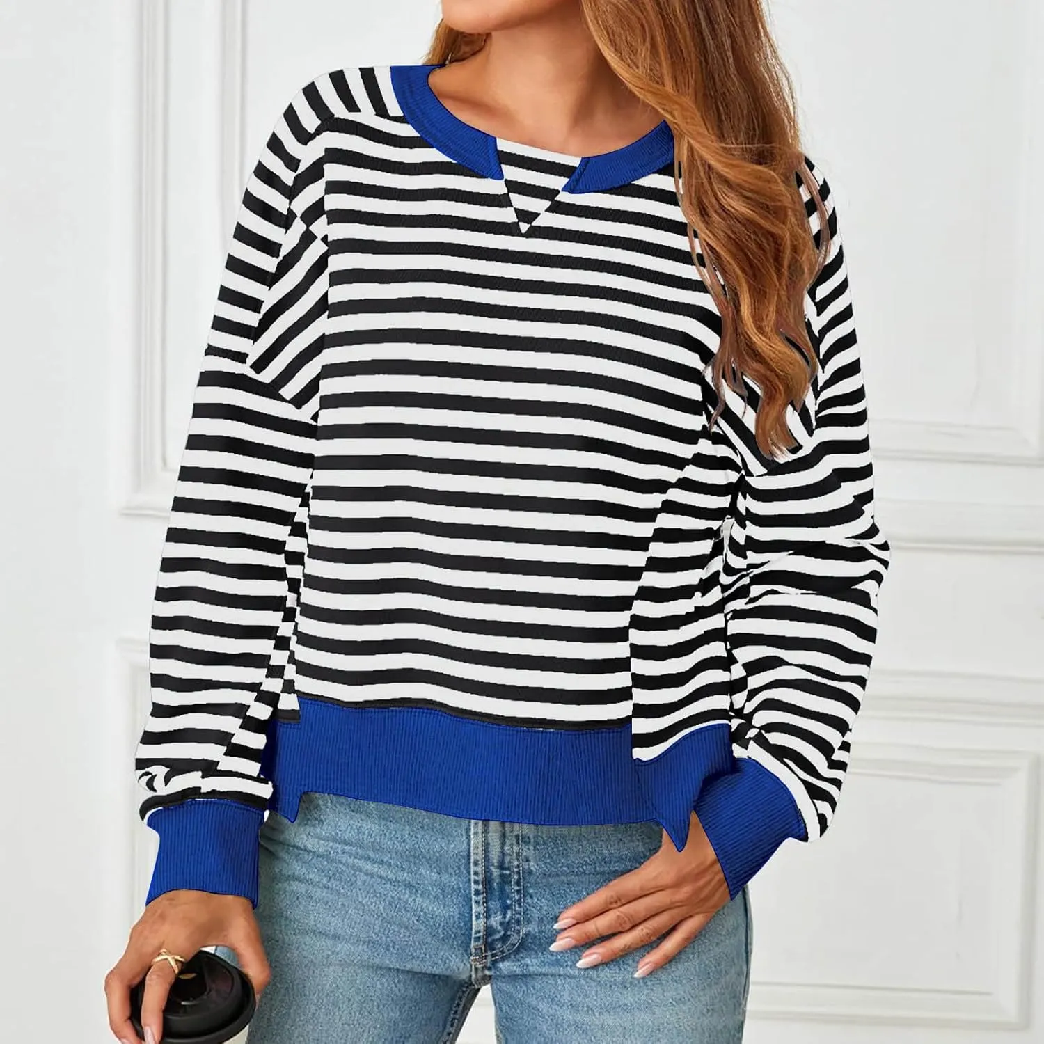 Women's Striped Color Block Cropped Sweatshirts Oversized Crewneck Long Sleeve Sweater Y2K Shirt Tops