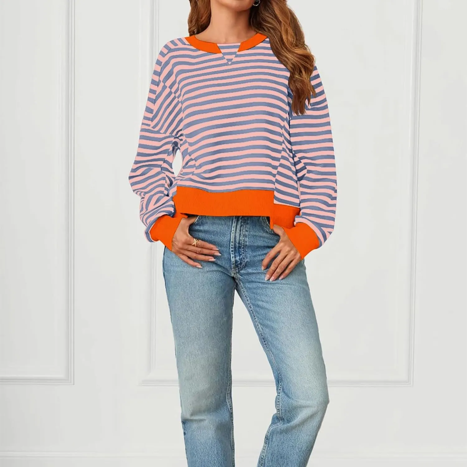 Women's Striped Color Block Cropped Sweatshirts Oversized Crewneck Long Sleeve Sweater Y2K Shirt Tops