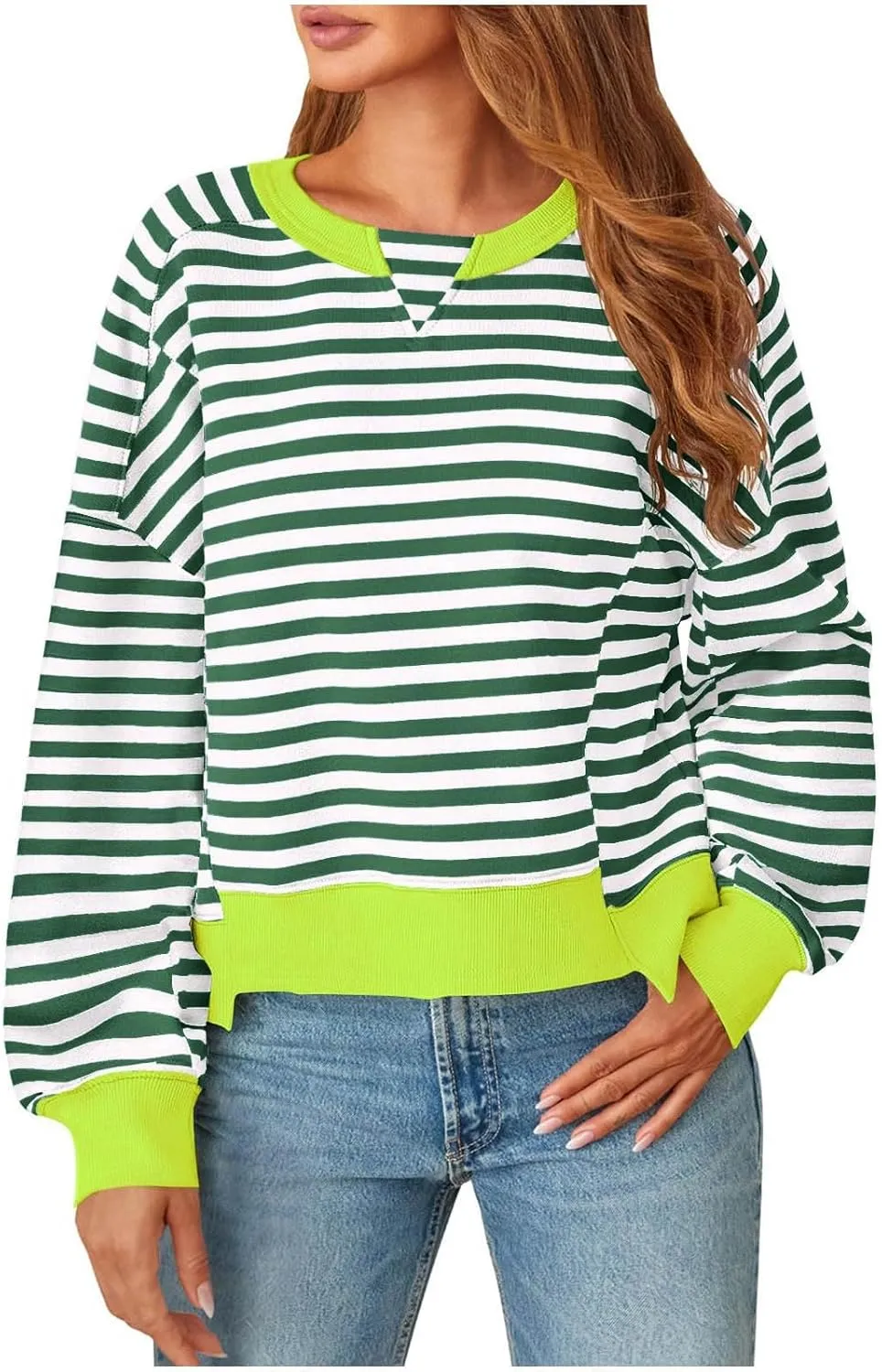 Women's Striped Color Block Cropped Sweatshirts Oversized Crewneck Long Sleeve Sweater Y2K Shirt Tops