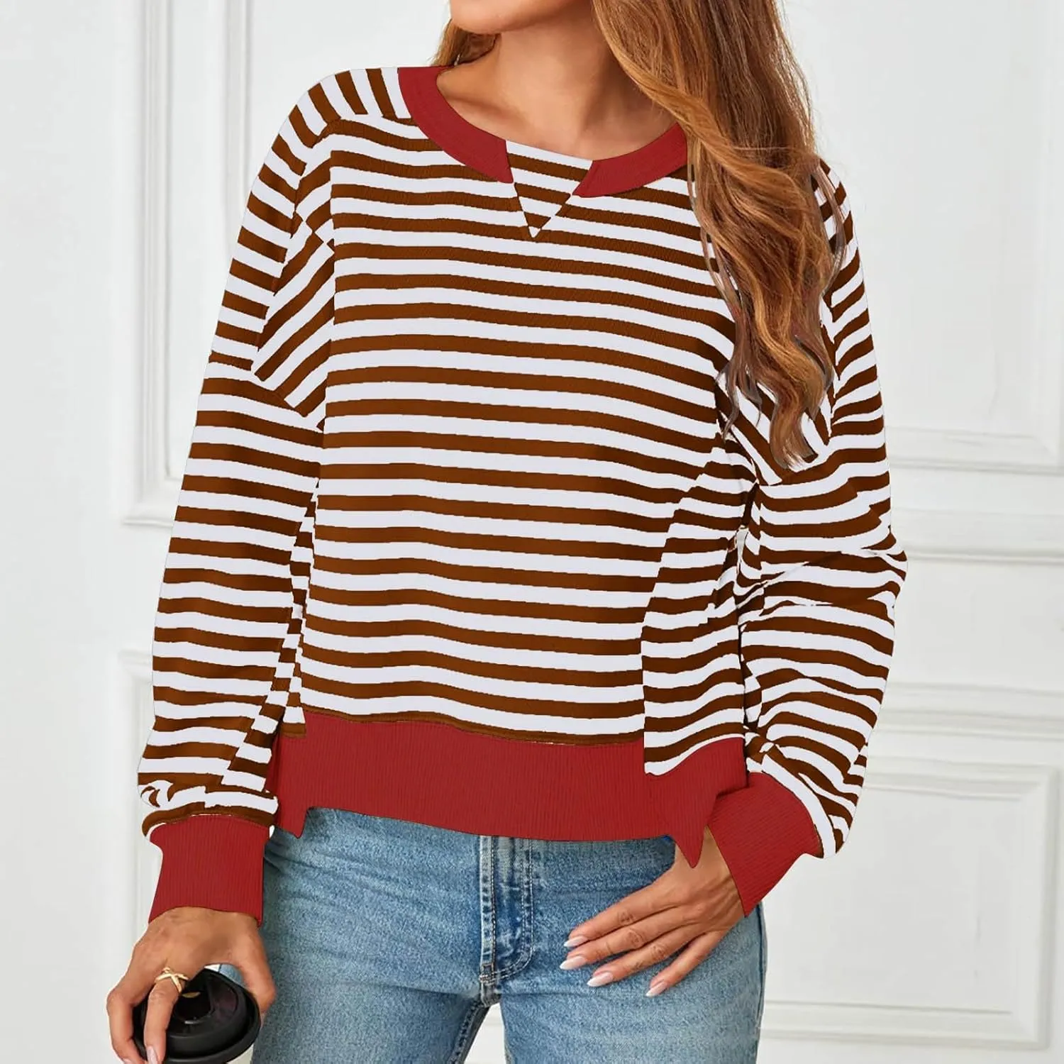 Women's Striped Color Block Cropped Sweatshirts Oversized Crewneck Long Sleeve Sweater Y2K Shirt Tops