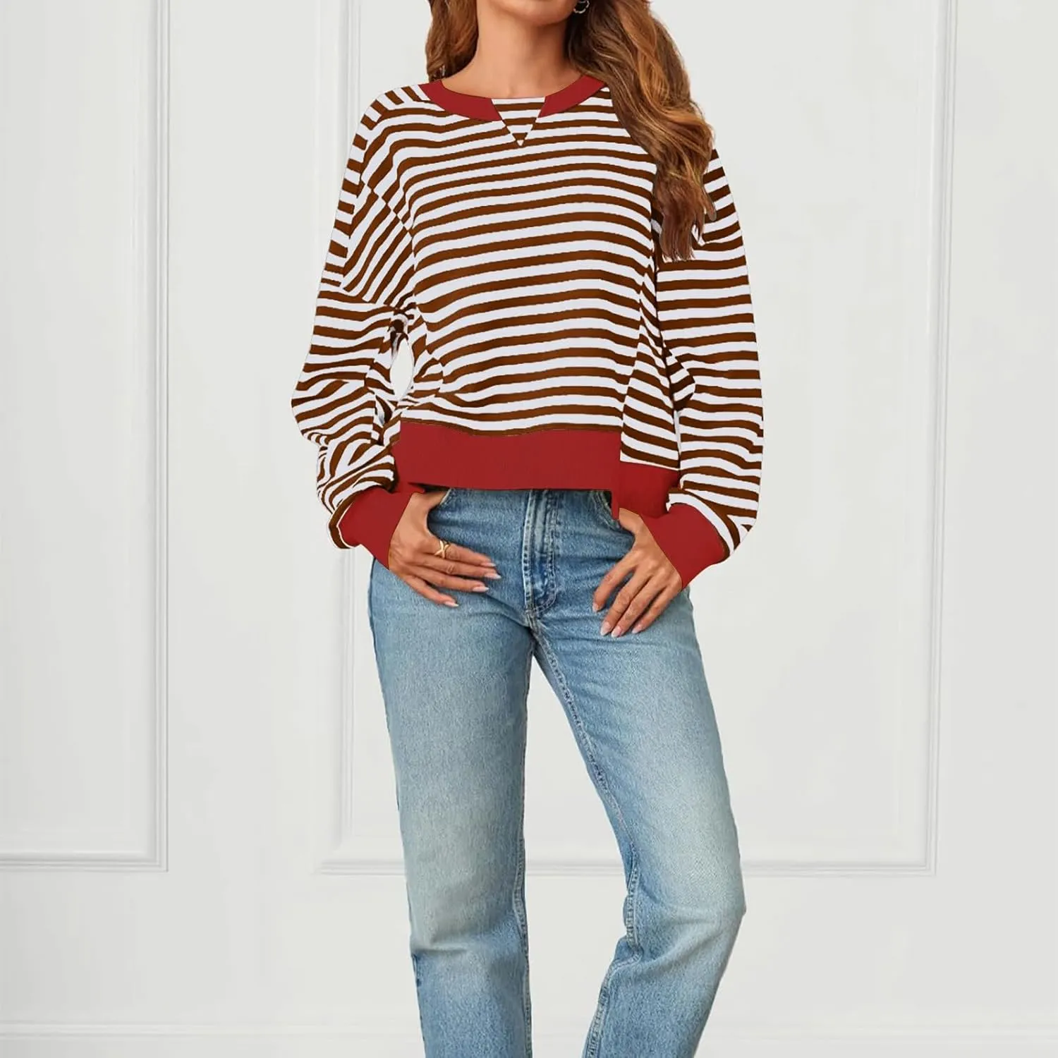 Women's Striped Color Block Cropped Sweatshirts Oversized Crewneck Long Sleeve Sweater Y2K Shirt Tops
