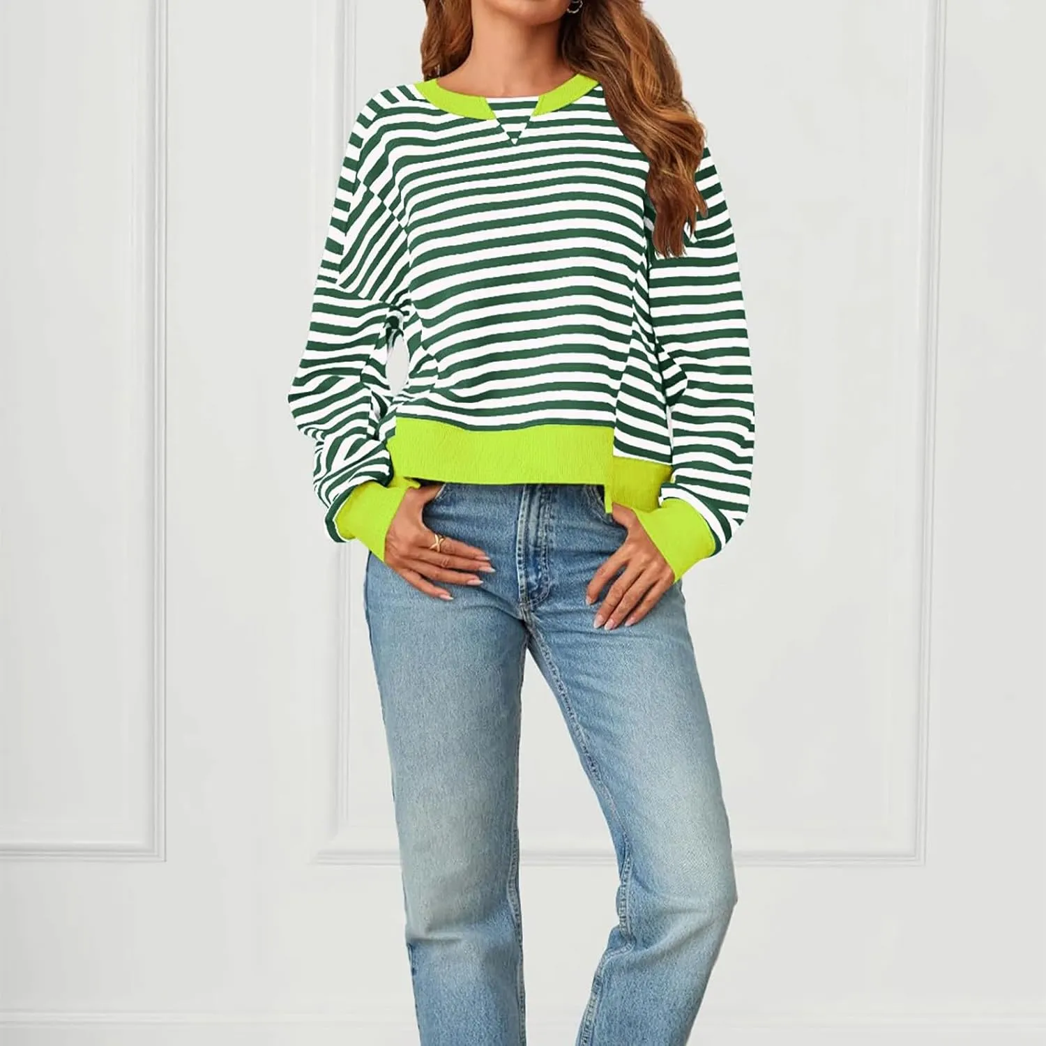 Women's Striped Color Block Cropped Sweatshirts Oversized Crewneck Long Sleeve Sweater Y2K Shirt Tops