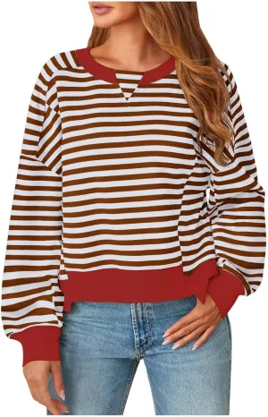 Women's Striped Color Block Cropped Sweatshirts Oversized Crewneck Long Sleeve Sweater Y2K Shirt Tops